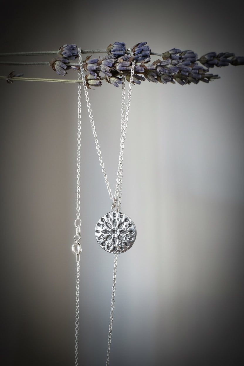 Rustic Mandala Pendant Necklace Sterling Silver