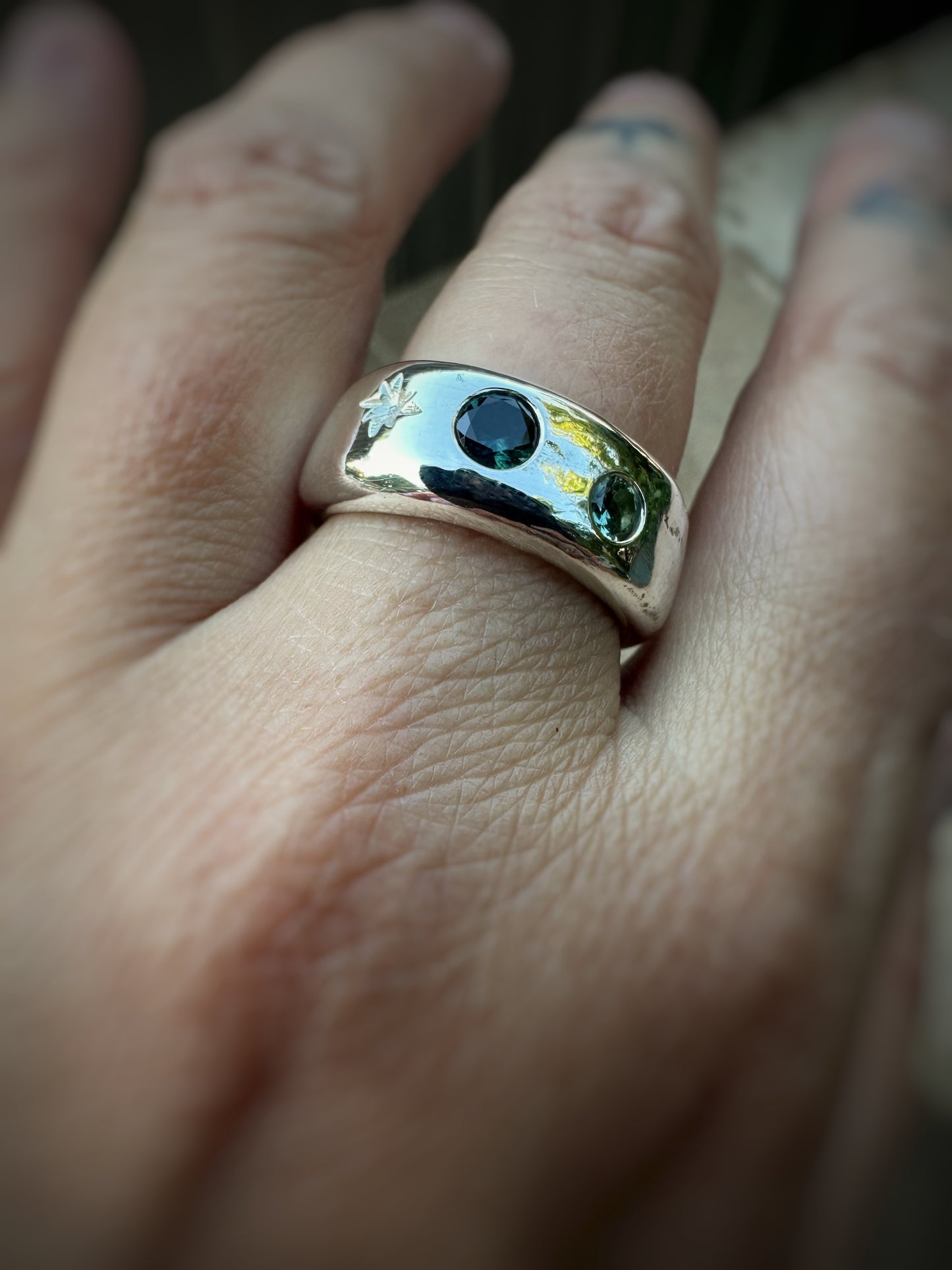 Organic Chunky Solid Sterling Silver Parti Sapphire Ring - Size 7 1/2