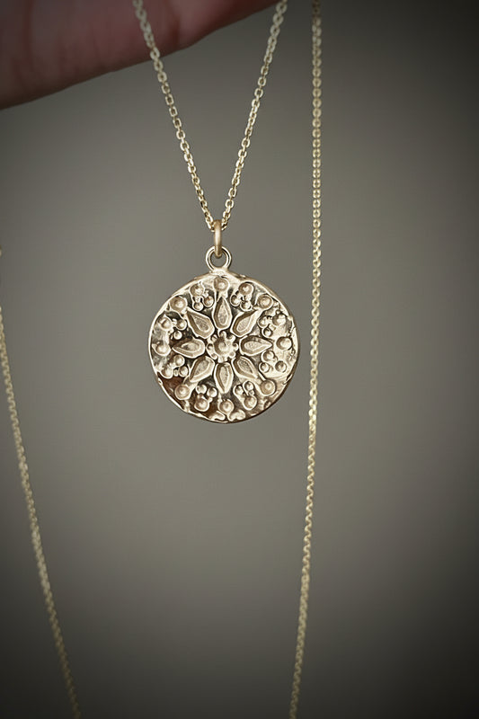 Rustic Mandala Pendant Necklace 9ct Yellow Gold