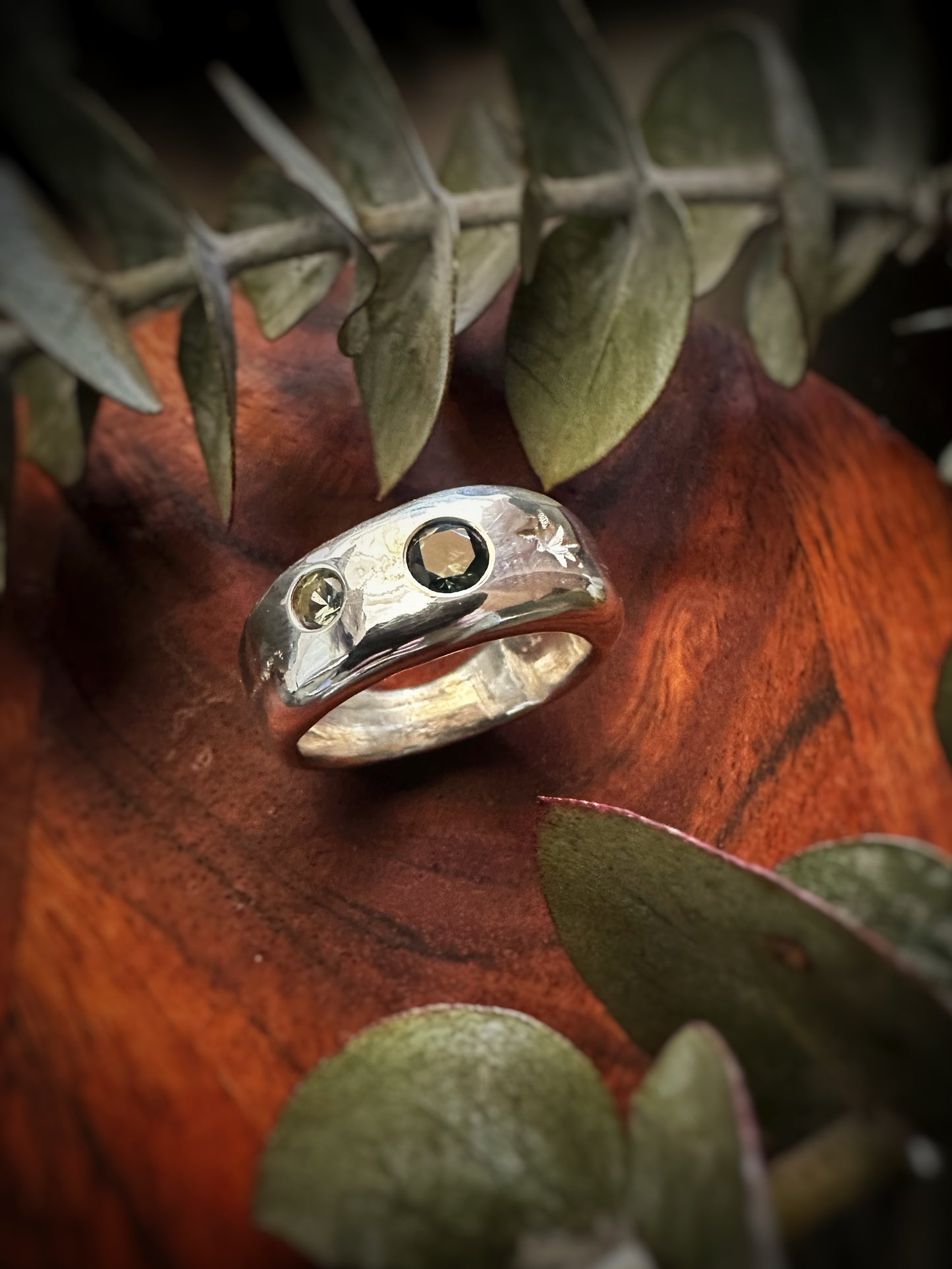 Organic Chunky Solid Sterling Silver Parti Sapphire Ring - Size 7 1/2