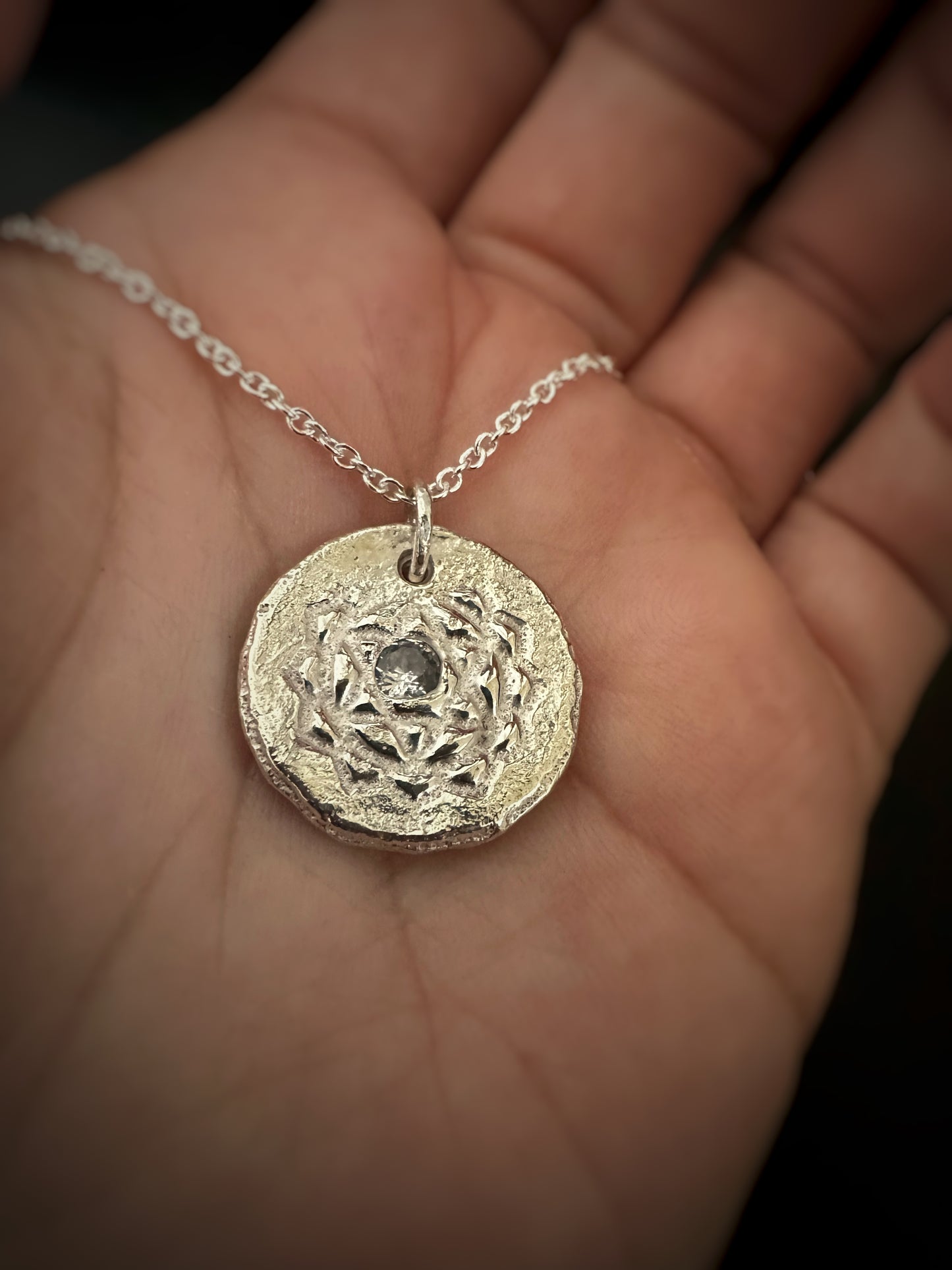 Heart Chakra Pendant Necklace - Rustic Sand Casted Solid Sterling Silver