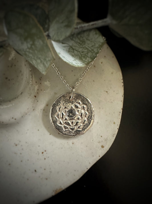 Heart Chakra Pendant Necklace - Rustic Sand Casted Solid Sterling Silver